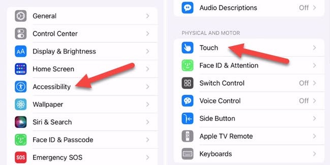 Ve a "Accesibilidad" y "Tocar".