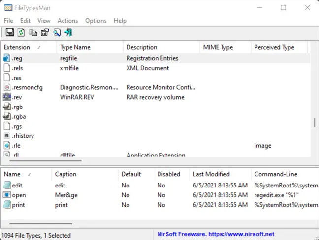 Toutes les extensions de fichiers sont répertoriées dans FileTypesMan.