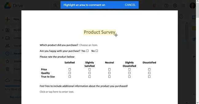 Comment area selection tool