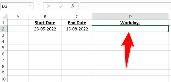 Select a cell to display the NETWORKDAYS result.