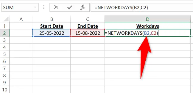 Type the NETWORKDAYS function.