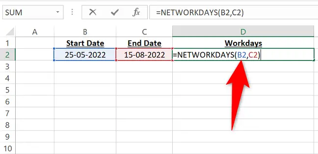 NETWORKDAYS 함수를 입력합니다.