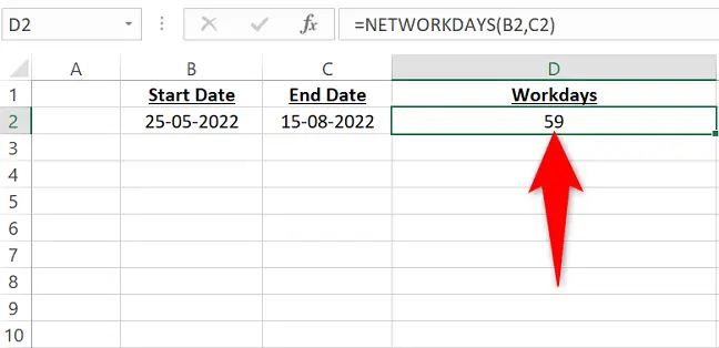 Het resultaat van de NETWORKDAYS-functie.