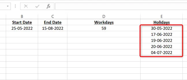 Introduzca los días festivos en una columna.