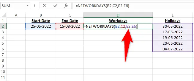 Use NETWORKDAYS with holidays.