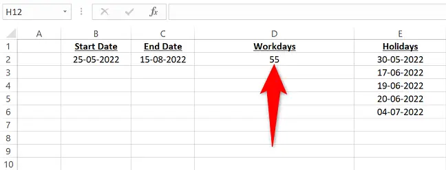 NETWORKDAYS' resultaat met feestdagen.