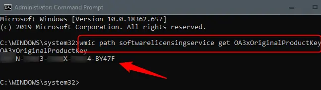 Windows Product Key in Command Prompt.