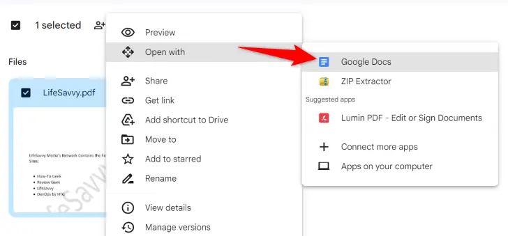 Select Open With > Google Docs.